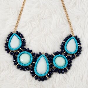 Statement Necklace Navy Blue Turquoise Bib Necklace Boho Glam Chunky Jewelry